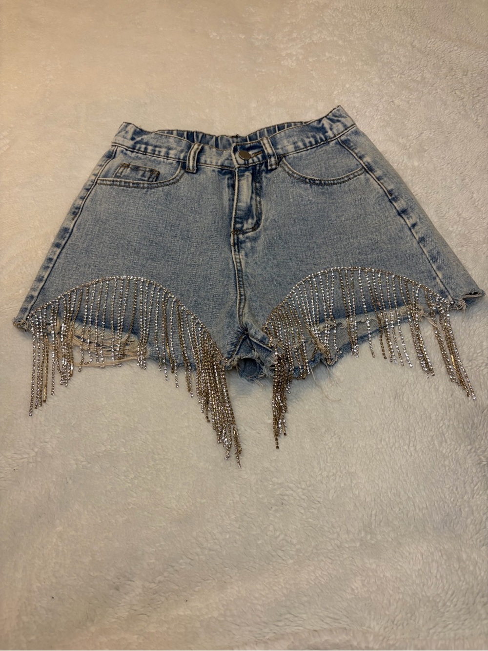 Savanna Jane Womens Shorts Rhinestone Tassel Blue Jean Denim Boho Hippie Small